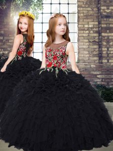 Fashion Floor Length Zipper Little Girl Pageant Gowns Black for Party and Wedding Party with Embroidery and Ruffles