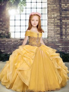 Cute Organza Off The Shoulder Sleeveless Lace Up Beading and Ruffles Child Pageant Dress in Gold