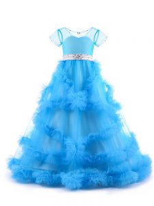 Dramatic Tulle V-neck Short Sleeves Backless Beading and Ruffles Little Girls Pageant Gowns in Baby Blue