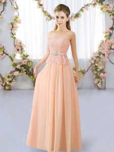 On Sale Peach Empire Strapless Sleeveless Chiffon Floor Length Lace Up Lace and Belt Dama Dress