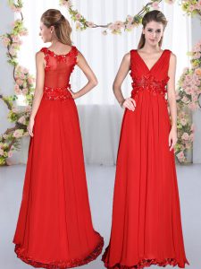 Luxury Red Empire Beading and Appliques Quinceanera Court of Honor Dress Side Zipper Chiffon Sleeveless Floor Length