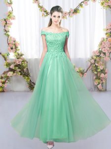 Apple Green Tulle Lace Up Dama Dress for Quinceanera Sleeveless Floor Length Lace