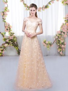 Admirable Cap Sleeves Lace Up Floor Length Appliques Quinceanera Court of Honor Dress