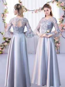 Ideal Lace Court Dresses for Sweet 16 Silver Lace Up 3 4 Length Sleeve Floor Length