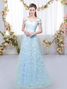 Admirable Blue Tulle Lace Up Court Dresses for Sweet 16 Cap Sleeves Floor Length Appliques