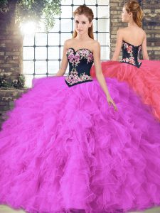 Excellent Fuchsia Sleeveless Floor Length Beading and Embroidery Lace Up Quince Ball Gowns