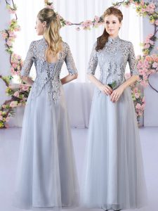 Half Sleeves Tulle Floor Length Lace Up Quinceanera Dama Dress in Grey with Lace
