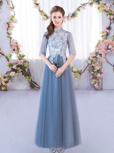 Fitting Floor Length A-line Half Sleeves Blue Quinceanera Dama Dress Lace Up