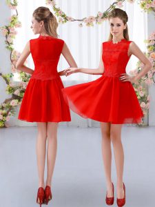 Classical Red High-neck Neckline Lace Dama Dress for Quinceanera Sleeveless Zipper