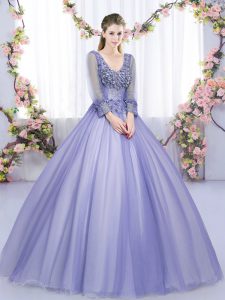 On Sale Lavender Tulle Lace Up Quince Ball Gowns Long Sleeves Floor Length Lace and Appliques