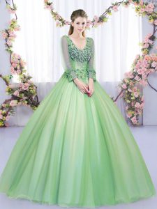 Modern Lace and Appliques Quinceanera Gown Green Lace Up Long Sleeves Floor Length