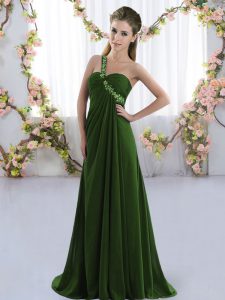 Olive Green Sleeveless Chiffon Brush Train Lace Up Court Dresses for Sweet 16 for Prom and Party and Wedding Party