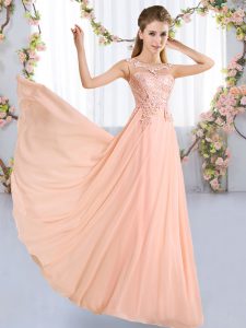 Comfortable Peach Sleeveless Lace Floor Length Quinceanera Court Dresses