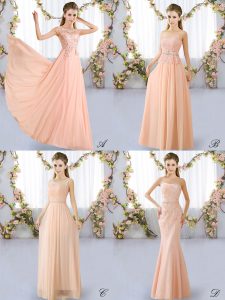 Peach Lace Up Damas Dress Lace Sleeveless Floor Length