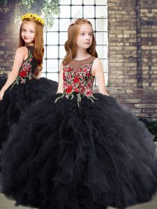 Tulle Sleeveless Floor Length Kids Pageant Dress and Embroidery and Ruffles
