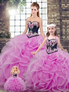 Lovely Lilac Sleeveless Sweep Train Embroidery and Ruffles Sweet 16 Dresses