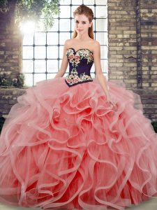 Watermelon Red Sleeveless Tulle Sweep Train Lace Up Quinceanera Gowns for Military Ball and Sweet 16 and Quinceanera
