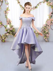 Glittering Lavender Quinceanera Court of Honor Dress Prom and Party and Wedding Party with Appliques Off The Shoulder Sleeveless Lace Up