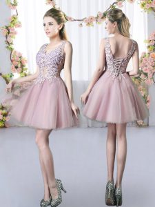 Mini Length Lace Up Quinceanera Dama Dress Pink for Prom and Party and Wedding Party with Appliques
