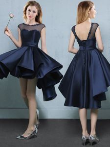 New Arrival High Low Navy Blue Vestidos de Damas Satin Cap Sleeves Appliques