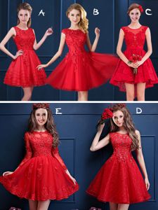 Flirting Scoop Red Sleeveless Lace and Appliques Mini Length Quinceanera Dama Dress