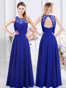 Scoop Backless Floor Length Royal Blue Dama Dress for Quinceanera Chiffon Sleeveless Lace