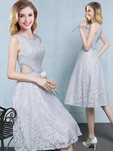 Modern Scoop Grey Lace Lace Up Damas Dress Sleeveless Knee Length Beading