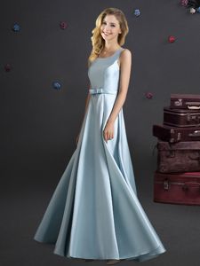 Empire Damas Dress Light Blue Square Elastic Woven Satin Sleeveless Floor Length Zipper