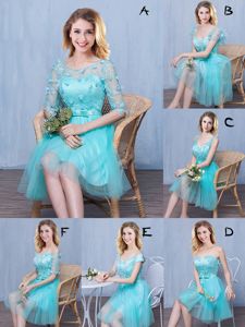 Most Popular Scoop Sleeveless Dama Dress for Quinceanera Knee Length Lace and Appliques and Bowknot Aqua Blue Tulle