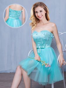 Hot Selling Aqua Blue Tulle Lace Up Damas Dress Sleeveless Knee Length Lace and Appliques and Bowknot