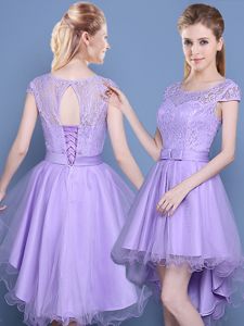 Scoop Lavender Cap Sleeves Tulle Lace Up Dama Dress for Quinceanera for Prom and Party