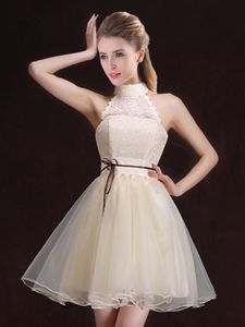 Attractive Champagne A-line Halter Top Sleeveless Organza Mini Length Lace Up Lace and Belt Dama Dress