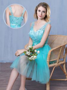 Inexpensive Sleeveless Tulle Knee Length Lace Up Court Dresses for Sweet 16 in Aqua Blue for with Lace and Appliques and Bowknot