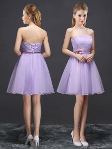 Cute Lavender Strapless Lace Up Lace and Belt Damas Dress Sleeveless