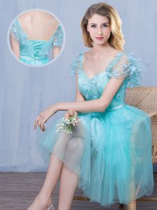 Aqua Blue Lace Up Dama Dress Lace and Appliques and Bowknot Short Sleeves Knee Length