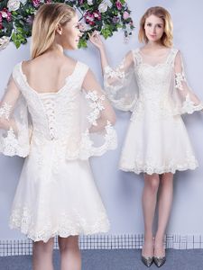 Fine Scoop White 3|4 Length Sleeve Tulle Lace Up Dama Dress for Quinceanera for Prom and Party and Wedding Party