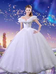 Affordable Cinderella White Off The Shoulder Lace Up Beading and Bowknot Quinceanera Gowns Sleeveless