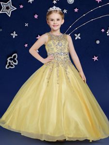 On Sale Scoop Sleeveless Little Girls Pageant Gowns Floor Length Beading Gold Organza