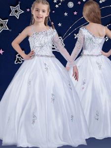 Best White Sleeveless Floor Length Beading Zipper Kids Pageant Dress