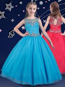 Fantastic Scoop Sleeveless Floor Length Beading Zipper Little Girls Pageant Dress with Baby Blue