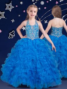 Halter Top Baby Blue Sleeveless Beading and Ruffles Floor Length Little Girls Pageant Gowns