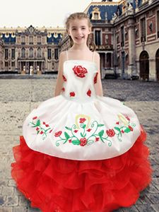 Best White and Red Ball Gowns Spaghetti Straps Sleeveless Organza and Taffeta Floor Length Lace Up Beading and Appliques and Ruffles Little Girl Pageant Dress