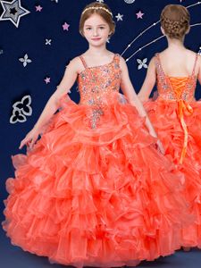 Orange Asymmetric Neckline Beading and Ruffled Layers Little Girl Pageant Dress Sleeveless Lace Up