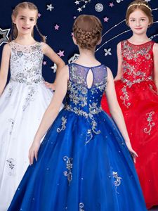 Scoop White and Red and Royal Blue Sleeveless Floor Length Beading Zipper Little Girl Pageant Dress