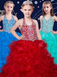 Halter Top Floor Length Zipper Little Girls Pageant Gowns Wine Red and Baby Blue and Turquoise and In for Quinceanera and Wedding Party with Beading and Ruffles