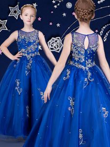 Scoop Sleeveless Floor Length Beading and Appliques Zipper Girls Pageant Dresses with Royal Blue