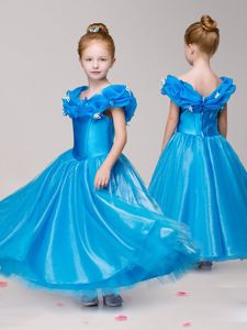 Latest Blue Kids Pageant Dress Quinceanera and Wedding Party and For with Appliques Off The Shoulder Cap Sleeves Zipper