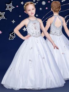 Halter Top Sleeveless Floor Length Beading Zipper Kids Pageant Dress with White