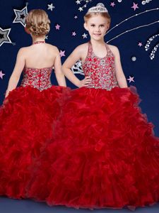 Excellent Wine Red Organza Zipper Halter Top Sleeveless Floor Length Pageant Gowns For Girls Beading and Ruffles