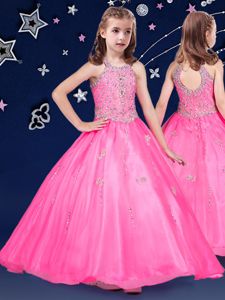 Adorable Halter Top Floor Length Zipper Little Girl Pageant Dress Hot Pink and In for Quinceanera and Wedding Party with Beading